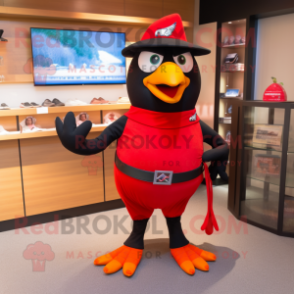Red Blackbird mascot costume character dressed with a Rash Guard and Headbands