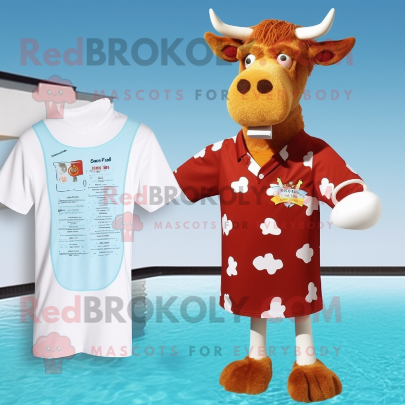 Rust Guernsey Cow mascot costume character dressed with a One-Piece Swimsuit and Cufflinks