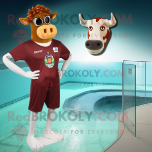 Rust Guernsey Cow mascot costume character dressed with a One-Piece Swimsuit and Cufflinks