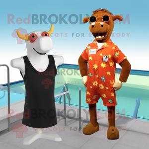 Rust Guernsey Cow mascot costume character dressed with a One-Piece Swimsuit and Cufflinks