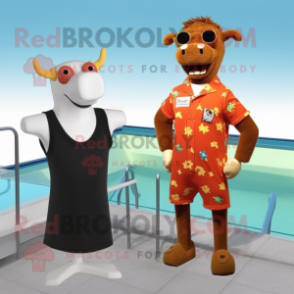 Rust Guernsey Cow mascot costume character dressed with a One-Piece Swimsuit and Cufflinks