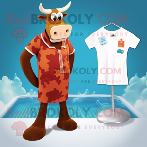 Rust Guernsey Cow mascot costume character dressed with a One-Piece Swimsuit and Cufflinks