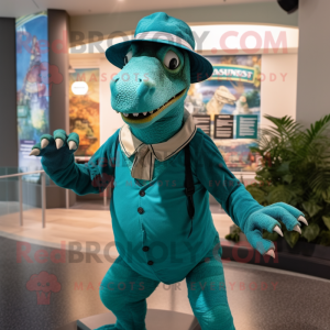 Teal Iguanodon mascot costume character dressed with a Henley Shirt and Hats