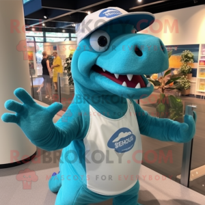 Teal Iguanodon mascot costume character dressed with a Henley Shirt and Hats