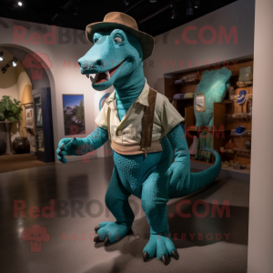 Teal Iguanodon mascot costume character dressed with a Henley Shirt and Hats