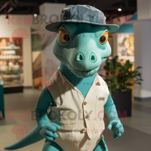 Teal Iguanodon mascot costume character dressed with a Henley Shirt and Hats