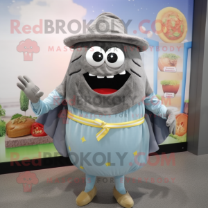 Gray Hamburger mascot costume character dressed with a Denim Shorts and Shawl pins