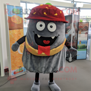 Gray Hamburger mascot costume character dressed with a Denim Shorts and Shawl pins