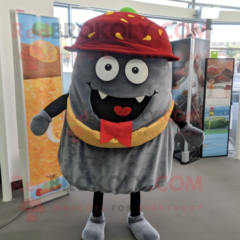 Gray Hamburger mascot costume character dressed with a Denim Shorts and Shawl pins Gray Hamburger mascot costume character dressed with a Denim Shorts and Shawl pins