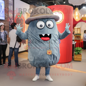 Gray Hamburger mascot costume character dressed with a Denim Shorts and Shawl pins