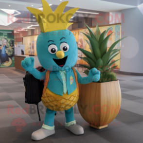 Teal Pineapple mascot costume character dressed with a Suit and Backpacks