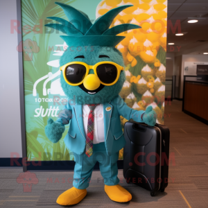Teal Pineapple mascot costume character dressed with a Suit and Backpacks