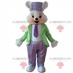 Mascotte coniglio bianco vestito con un costume elegante -