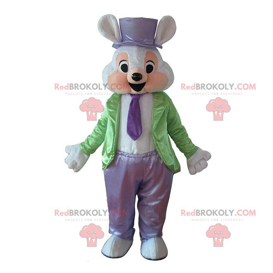 Hvid kanin maskot klædt i et elegant kostume - Redbrokoly.com