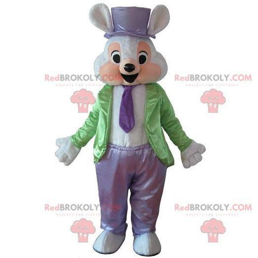 Mascote coelho branco vestido com um traje elegante -