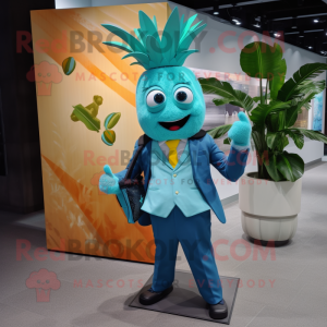 Teal Pineapple mascot costume character dressed with a Suit and Backpacks