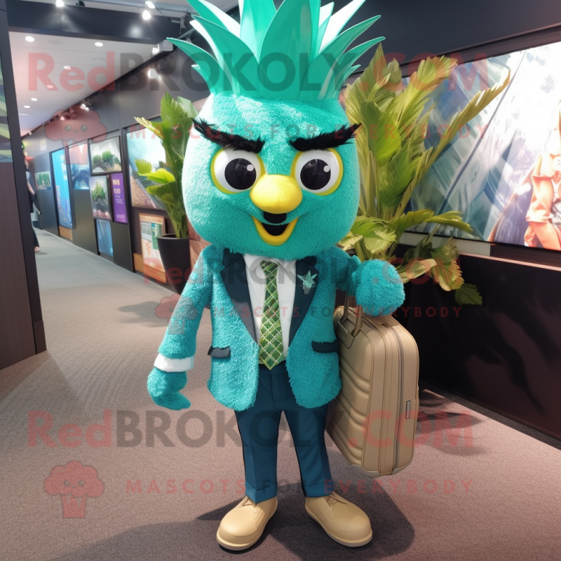 Teal Pineapple mascot costume character dressed with a Suit and Backpacks Teal Pineapple mascot costume character dressed with a Suit and Backpacks