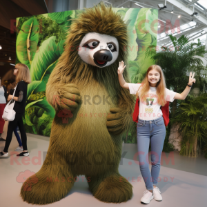 Olive Giant Sloth mascot costume character dressed with a Mom Jeans and Hairpins