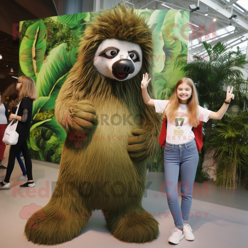 Olive Giant Sloth mascot costume character dressed with a Mom Jeans and Hairpins Olive Giant Sloth mascot costume character dressed with a Mom Jeans and Hairpins