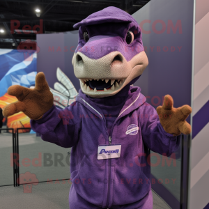 Purple Allosaurus mascot costume character dressed with a Sweatshirt and Scarf clips