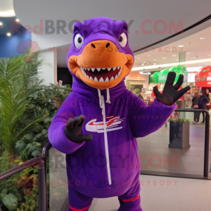 Purple Allosaurus mascot costume character dressed with a Sweatshirt and Scarf clips