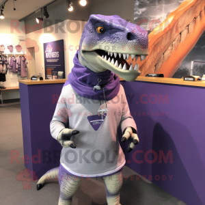 Purple Allosaurus mascot costume character dressed with a Sweatshirt and Scarf clips