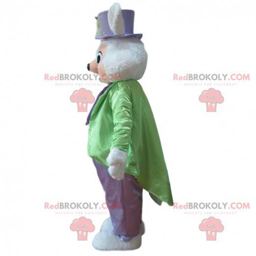 Mascotte coniglio bianco vestito con un costume elegante -