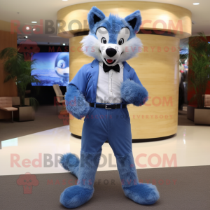 Blue Wolf mascot costume character dressed with a Skinny Jeans and Bow ties