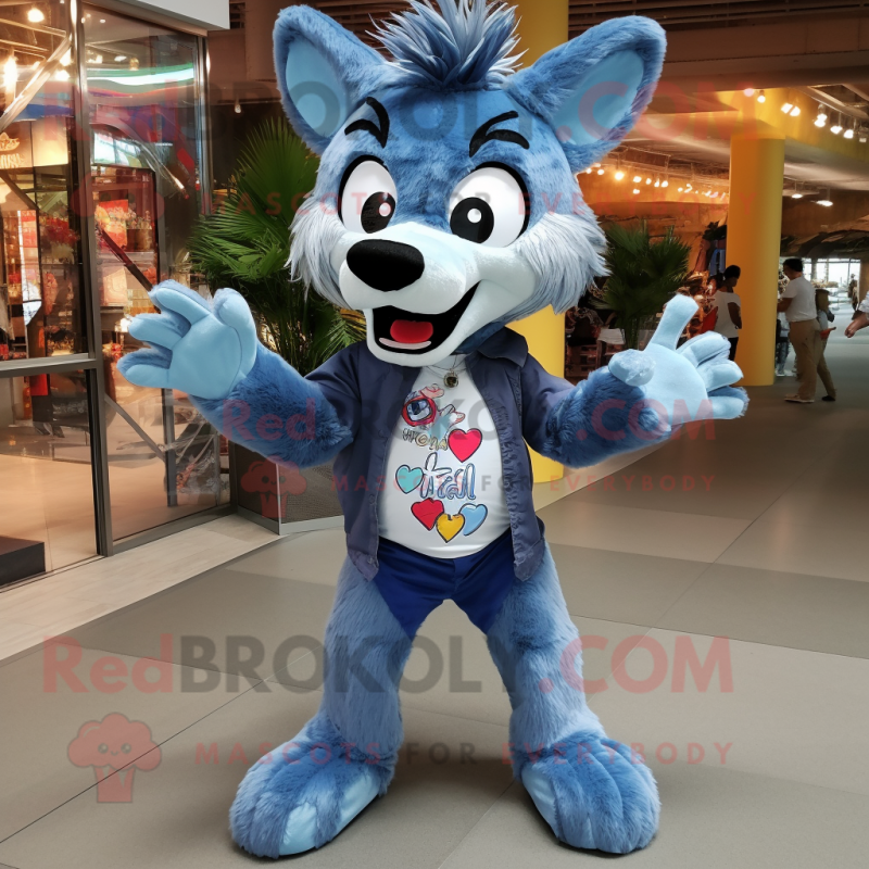 Blue Wolf mascot costume character dressed with a Skinny Jeans and Bow ties