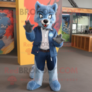 Blue Wolf mascot costume character dressed with a Skinny Jeans and Bow ties