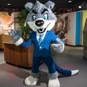Blue Wolf mascot costume character dressed with a Skinny Jeans and Bow ties