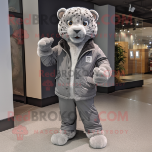 Gray Jaguar mascot costume character dressed with a Parka and Ties