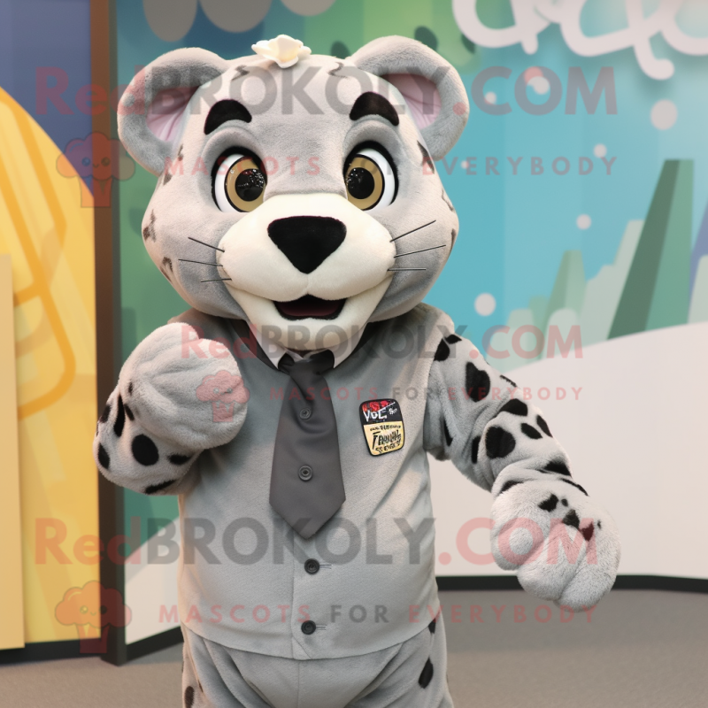 Gray Jaguar mascot costume character dressed with a Parka and Ties Gray Jaguar mascot costume character dressed with a Parka and Ties