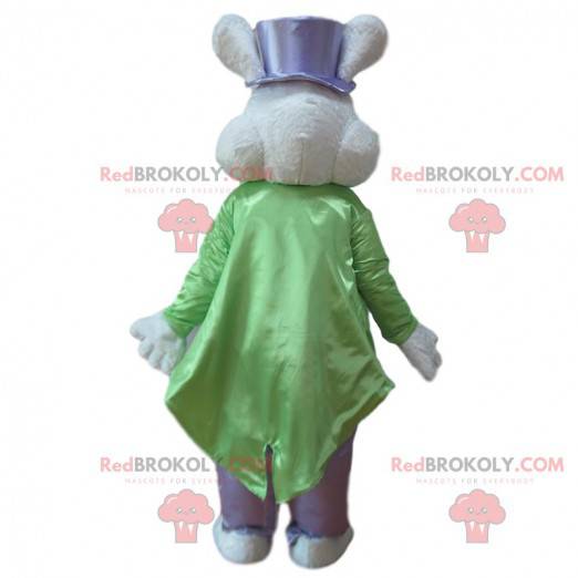 Mascotte coniglio bianco vestito con un costume elegante -