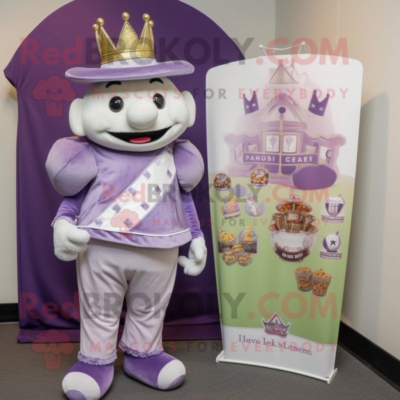 Lavender Irish Castle mascot costume character dressed with a Baseball Tee and Coin purses Lavender Irish Castle mascot costume character dressed with a Baseball Tee and Coin purses