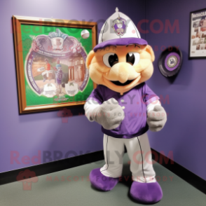 Lavender Irish Castle mascot costume character dressed with a Baseball Tee and Coin purses