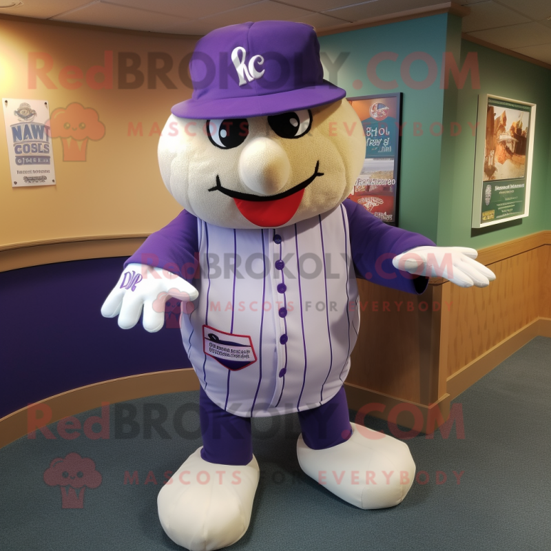 Lavender Irish Castle mascot costume character dressed with a Baseball Tee and Coin purses Lavender Irish Castle mascot costume character dressed with a Baseball Tee and Coin purses