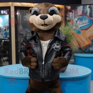 nan Otter mascot costume character dressed with a Biker Jacket and Cufflinks