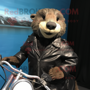 nan Otter mascot costume character dressed with a Biker Jacket and Cufflinks