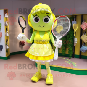 Lemon Yellow Tennis Racket mascot costume character dressed with a Bikini and Handbags