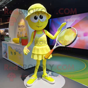 Lemon Yellow Tennis Racket mascot costume character dressed with a Bikini and Handbags