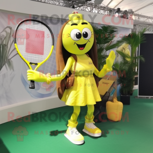 Lemon Yellow Tennis Racket mascot costume character dressed with a Bikini and Handbags