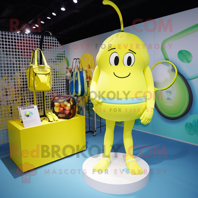 Lemon Yellow Tennis Racket mascot costume character dressed with a Bikini and Handbags