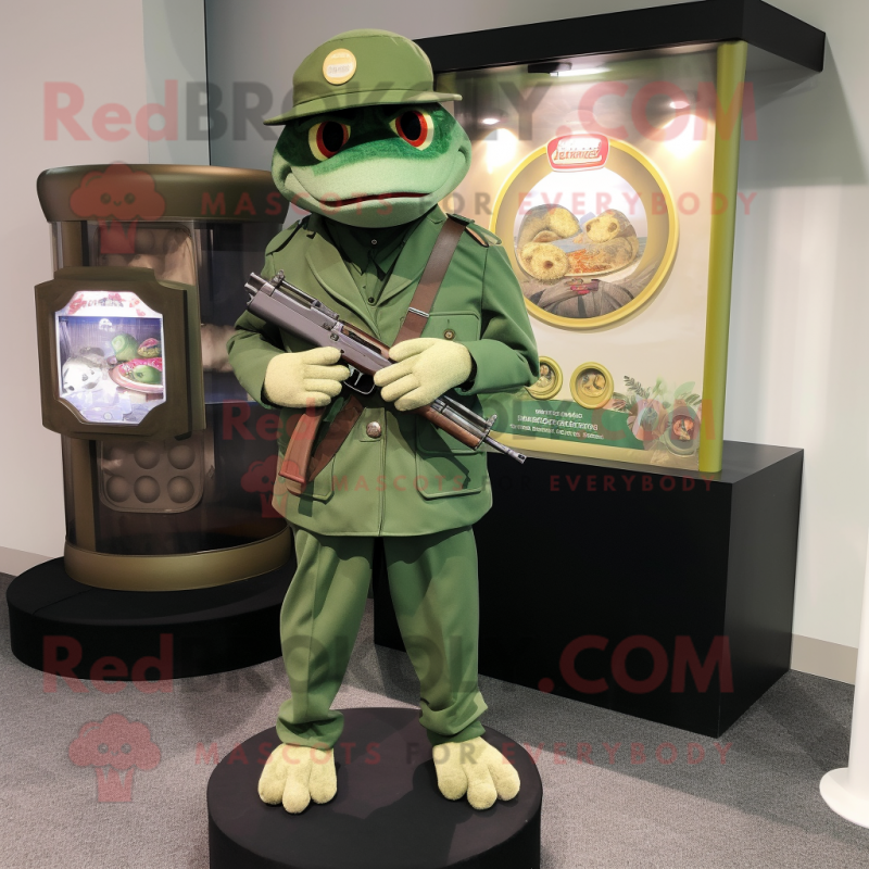 Green Sniper mascot costume character dressed with a Dress Pants and Coin purses Green Sniper mascot costume character dressed with a Dress Pants and Coin purses