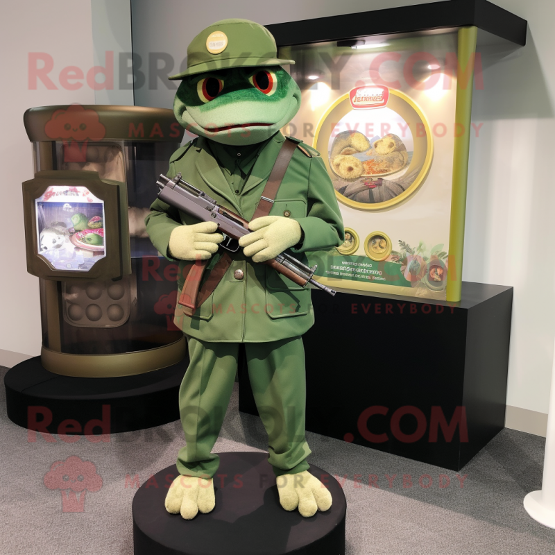 Green Sniper mascot costume character dressed with a Dress Pants and Coin purses