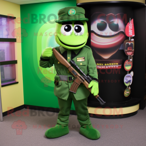 Green Sniper mascot costume character dressed with a Dress Pants and Coin purses