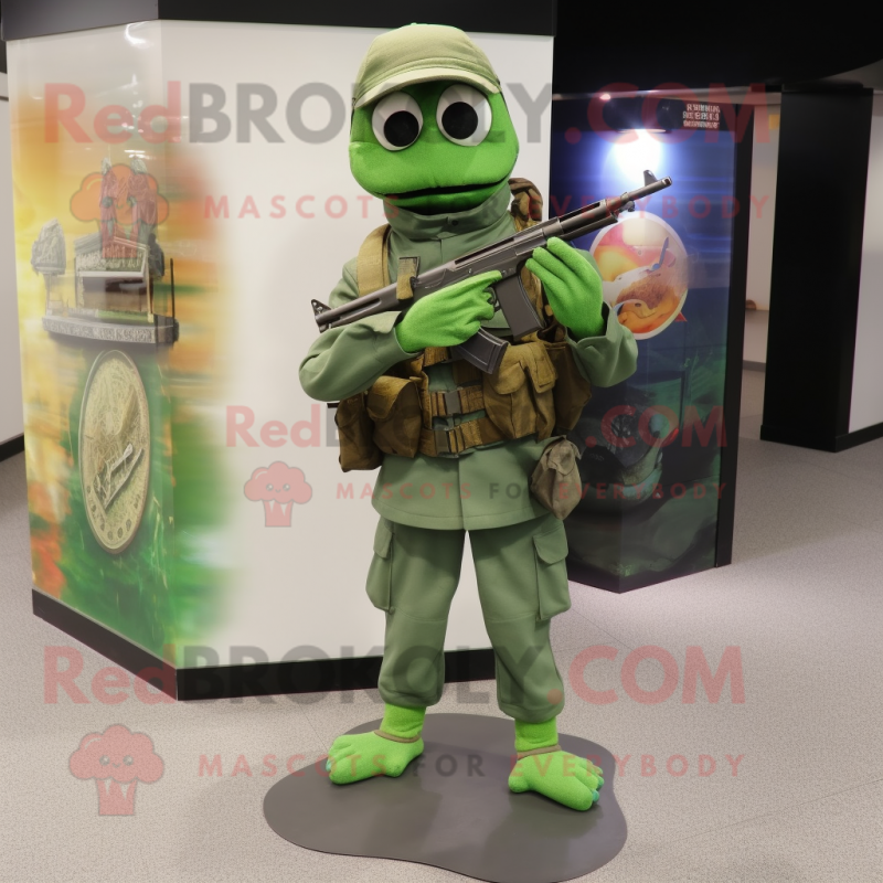 Green Sniper mascot costume character dressed with a Dress Pants and Coin purses