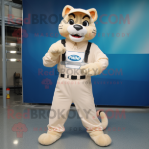 Cream Puma mascot costume character dressed with a Overalls and Belts