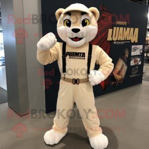 Cream Puma mascot costume character dressed with a Overalls and Belts