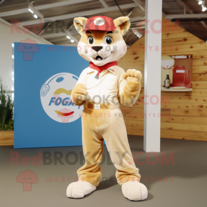 Cream Puma mascot costume character dressed with a Overalls and Belts